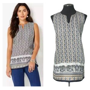 J.Jill – Linen Floral and Elephant Boho Sleeveless Split Neck Top – Small